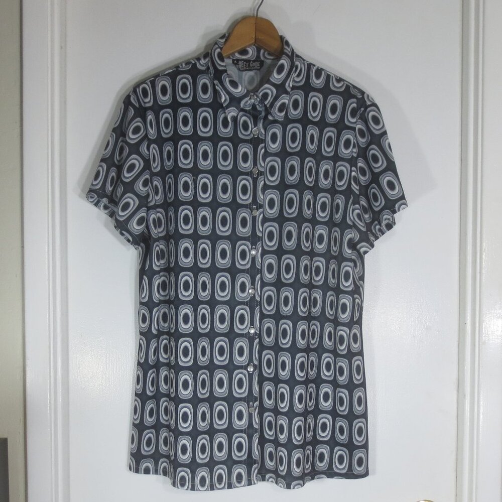 90s Street Code Shirt Black White Bullseye Short Sleeve Button-up Men's Size 2XL